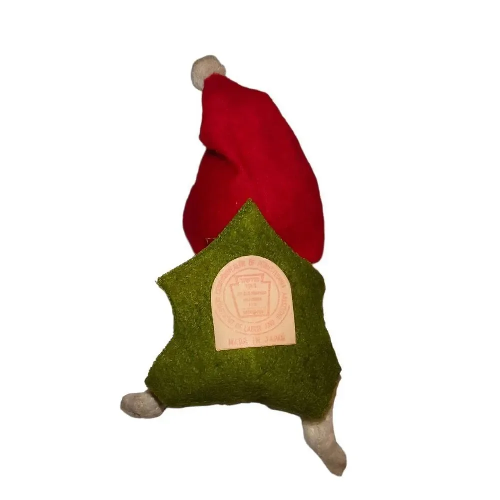 Vintage Pixie elf ornament kitschy red felt hood mittens green felt 